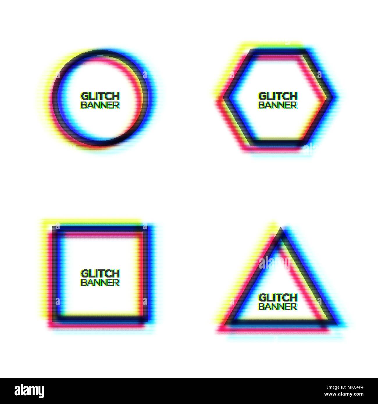 Abstrakte glitch Texture Frame Set. Verzerrte moderne Round Square triangle Hexagon Hintergrund mit glitch Wirkung. Gebrochene Sign Collection mit RGB-CMYK-Farben. Minimal Style Vector Illustration. Stock Vektor
