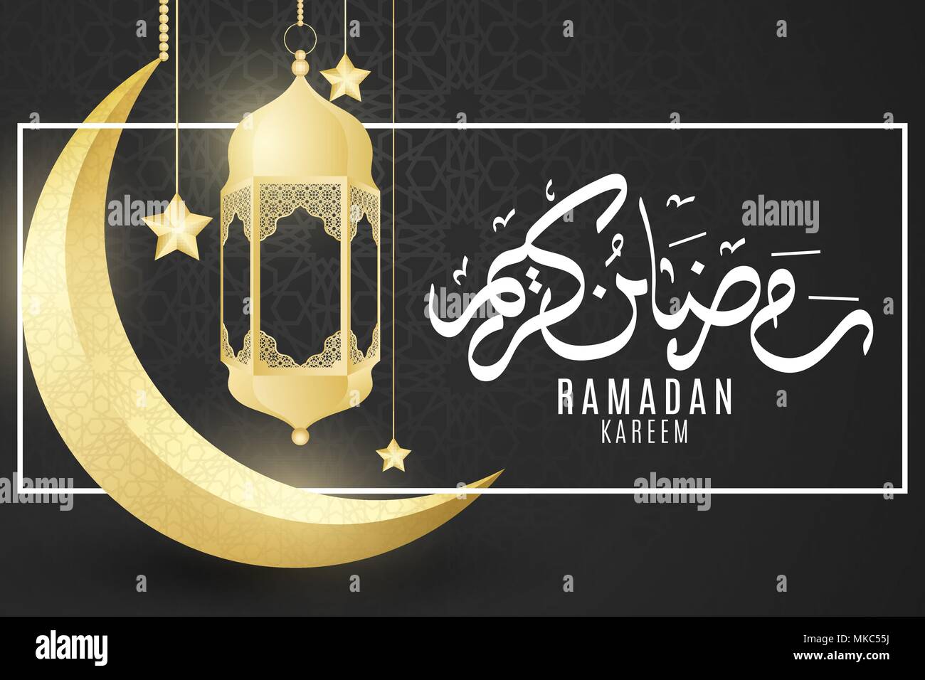 Gruß Einladung web Karte für Ramadan Kreem. Golden luxuriöse Laternen, Stern und Mond auf einem schwarzen Hintergrund mit islamischen Ornament. Eid Mubarak. Religion heiligen Monat. Vector Illustration. EPS 10. Stock Vektor