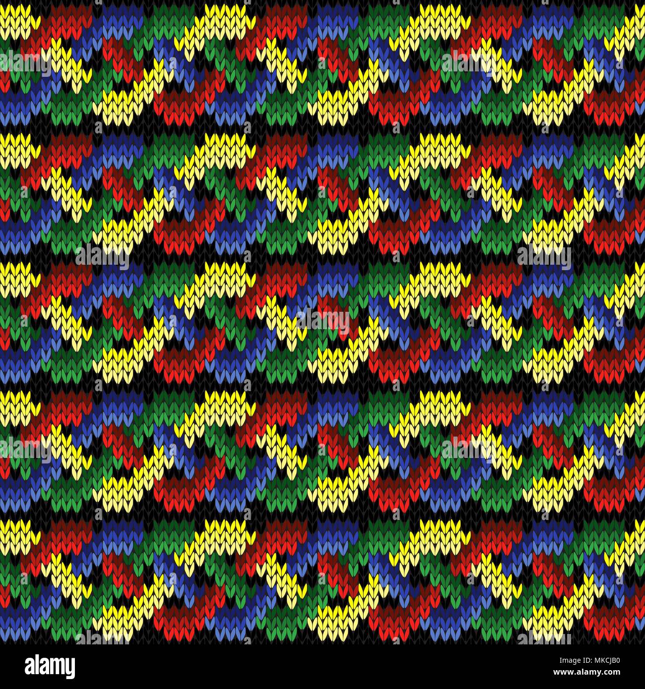 Verflechtung von hell gelbe, grüne, blaue und rote Linien auf schwarzem Hintergrund, nahtlose Vektor Strickmuster als Stoff Textur Stock Vektor