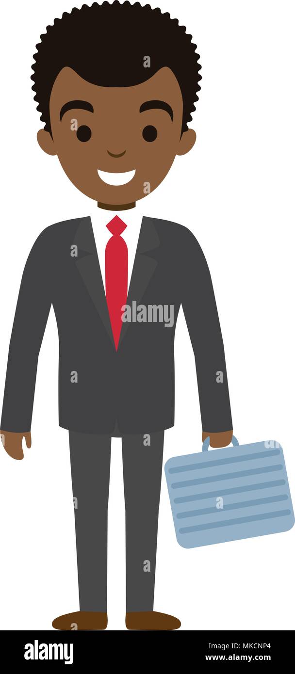 Vector Illustration der afro-amerikanische Geschäftsmann Charakter mit Case im flachen Stil. Afro-amerikanischer Mann im Büro. Stock Vektor
