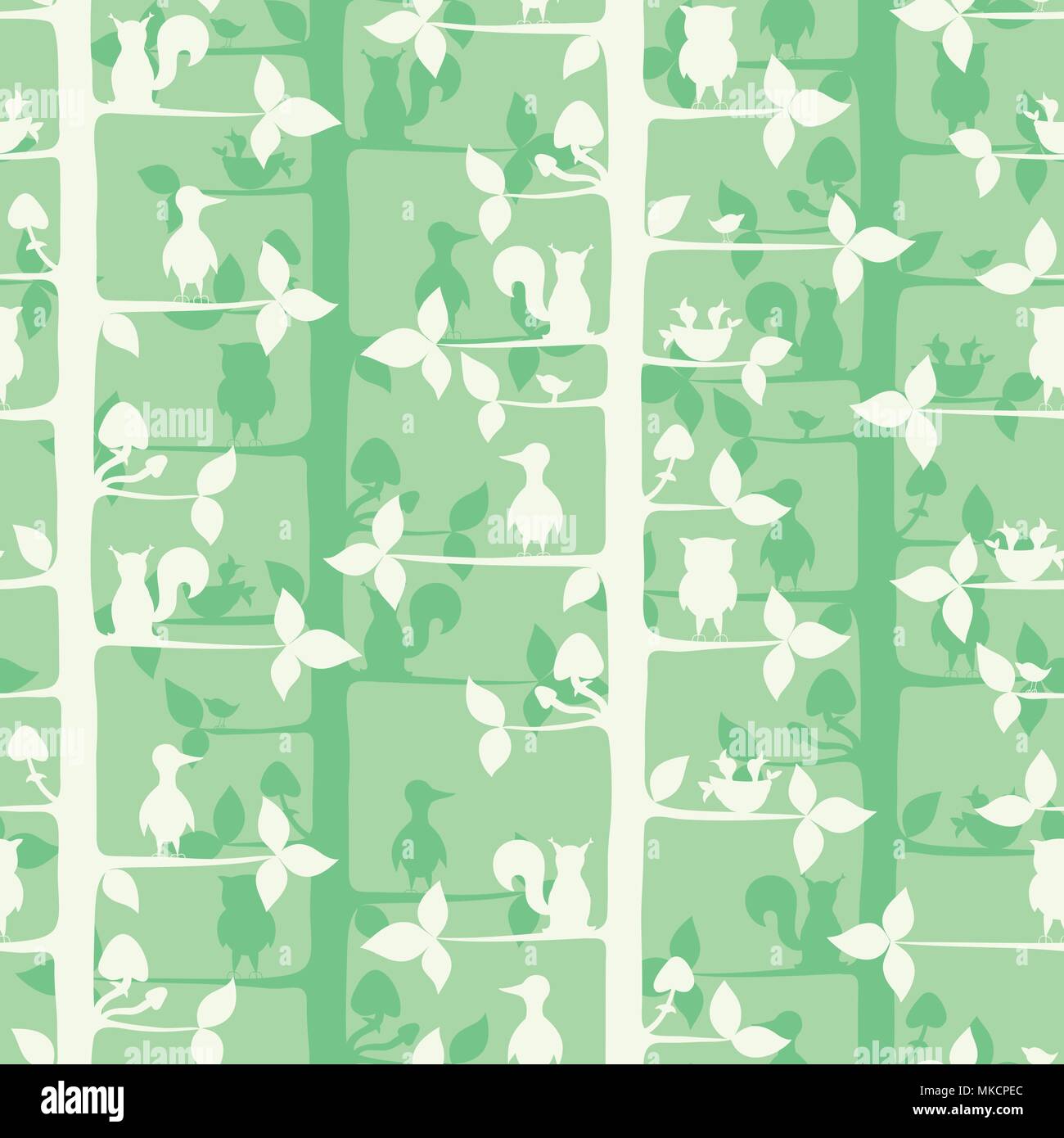Die nahtlose Vektor Muster mit Bäumen und Wald Vögel und Tiere. Stock Vektor