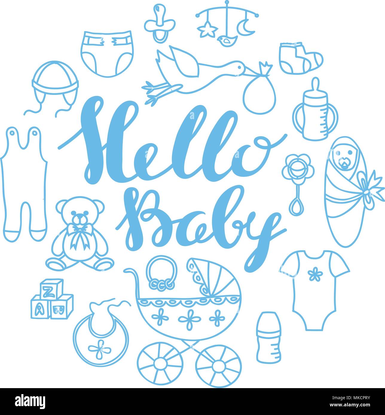 Baby Dusche Feier Gruss Und Einladungskarte Vorlage Mit Schriftzug Hallo Baby Und Kontur Baby Design Elemente Stock Vektorgrafik Alamy