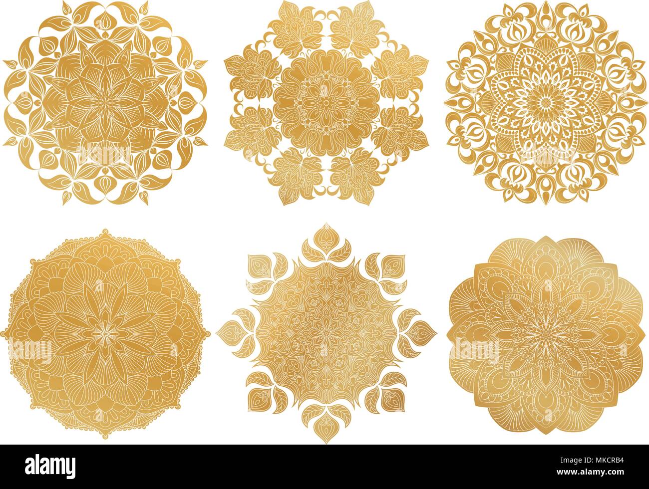 Set von 6 Hand gezeichnete gold Arabisch Mandala auf weißem Hintergrund. Ethnische Vektor dekorative Verzierung. Runde abstrakten orientalischen Ornament. Stock Vektor