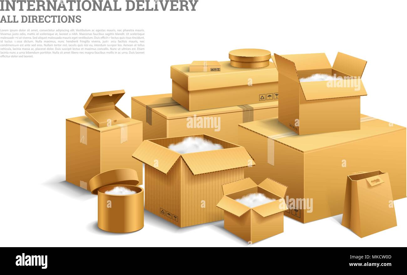 Stapel von realistischen gestapelt Karton. Braun Lieferung. Leeren Karton, offene und versiegelte Packung mit auf Transparenten weißen Hintergrund. Organisiert von der Schicht. Container für Schifffahrt, Transport und e-mail Stock Vektor