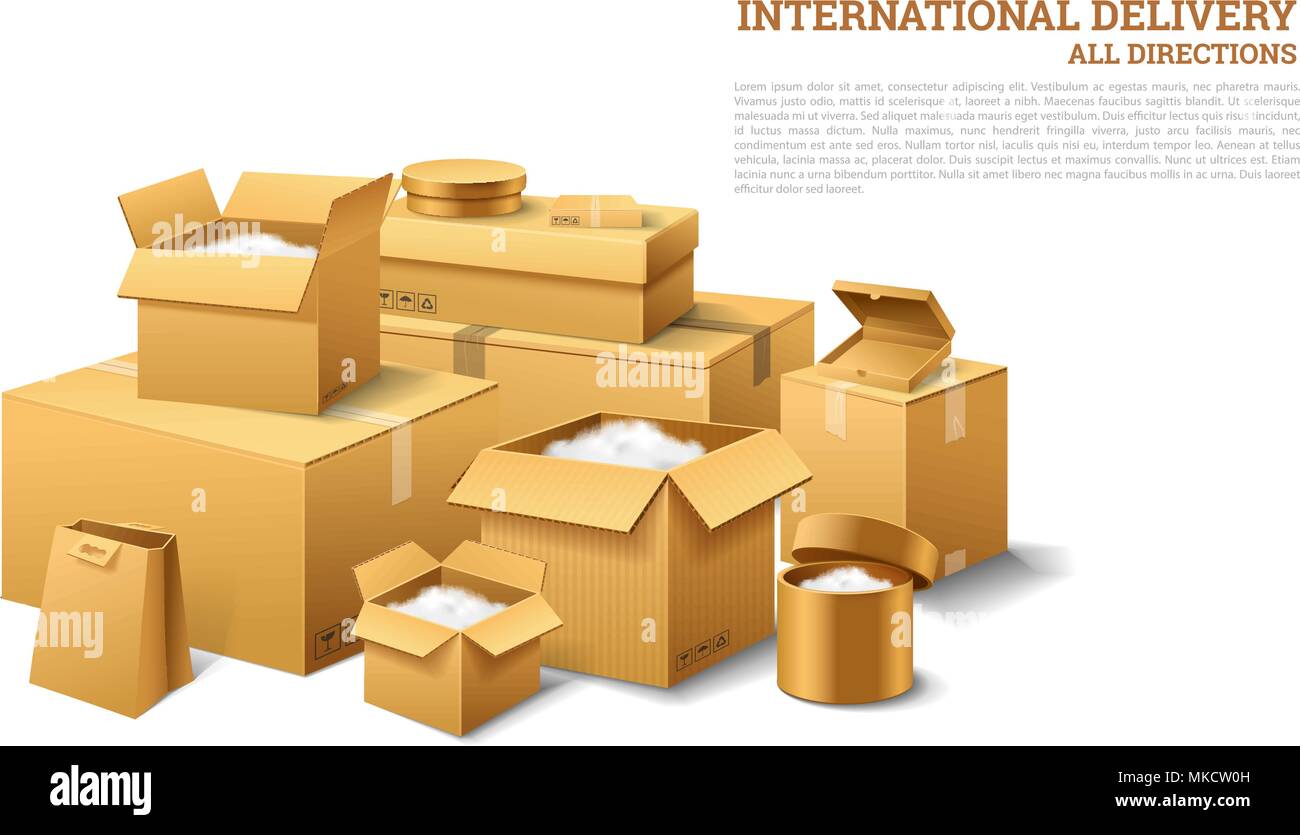 Stapel von realistischen gestapelt Karton. Braun Lieferung. Leeren Karton, offene und versiegelte Packung mit auf Transparenten weißen Hintergrund. Organisiert von der Schicht. Container für Schifffahrt, Transport und e-mail Stock Vektor