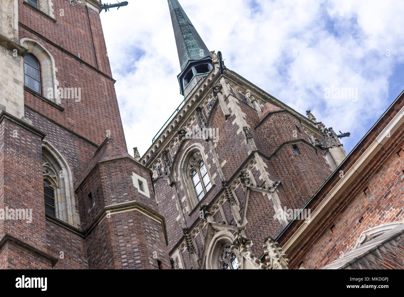 Architektonische Details der Kathedrale im gotischen Stil. Hauptfassade, Skulpturen, Stein Dekor. Dom St. Johannes der Täufer in Wroclaw, Polen. Stockfoto