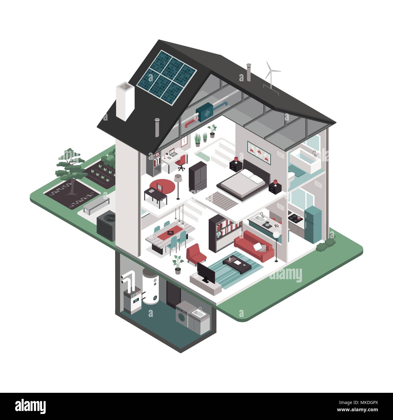 Moderne energieeffiziente isometrische Haus Querschnitt und Zimmer auf weißem Hintergrund, Immobilien und eco Gebäude Konzept Stock Vektor