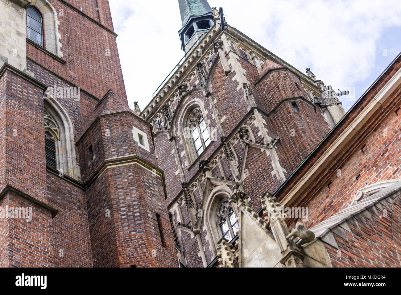 Architektonische Details der Kathedrale im gotischen Stil. Hauptfassade, Skulpturen, Stein Dekor. Dom St. Johannes der Täufer in Wroclaw, Polen. Stockfoto