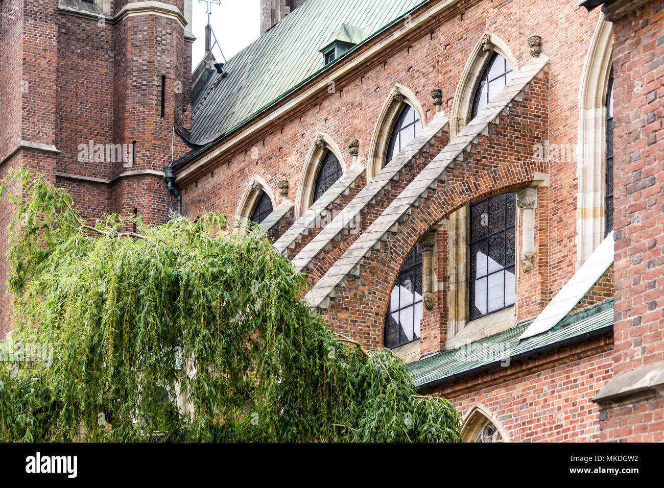 Details von der Kathedrale im gotischen Stil. Die seitliche Fassade, Flying buttress, Skulpturen, Dekor. Dom St. Johannes der Täufer in Wroclaw, Polen. Stockfoto