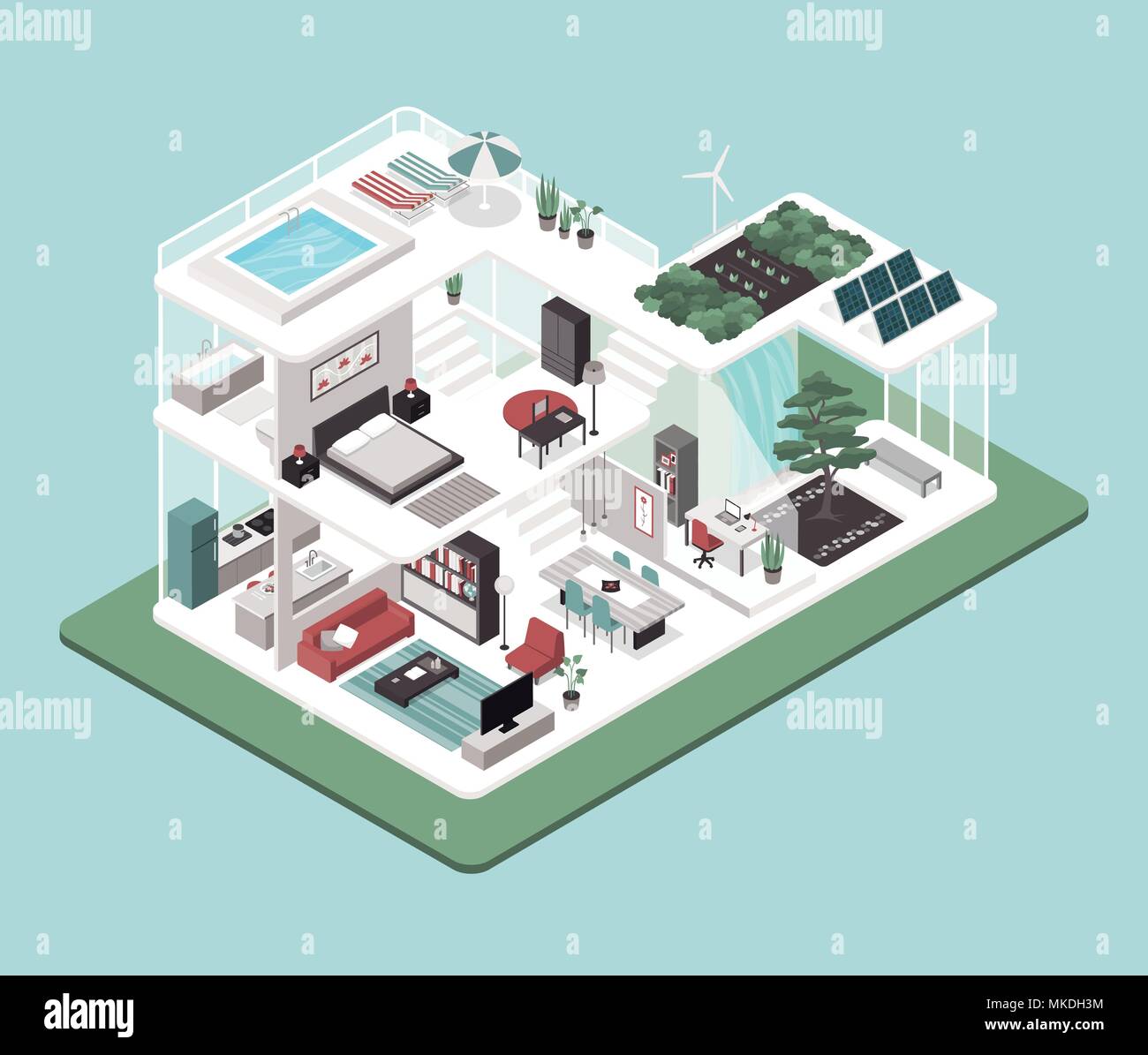 Moderne energieeffiziente Isometrische eco Haus Querschnitt, Zimmer, Sonnenkollektoren und Zen Garten Stock Vektor