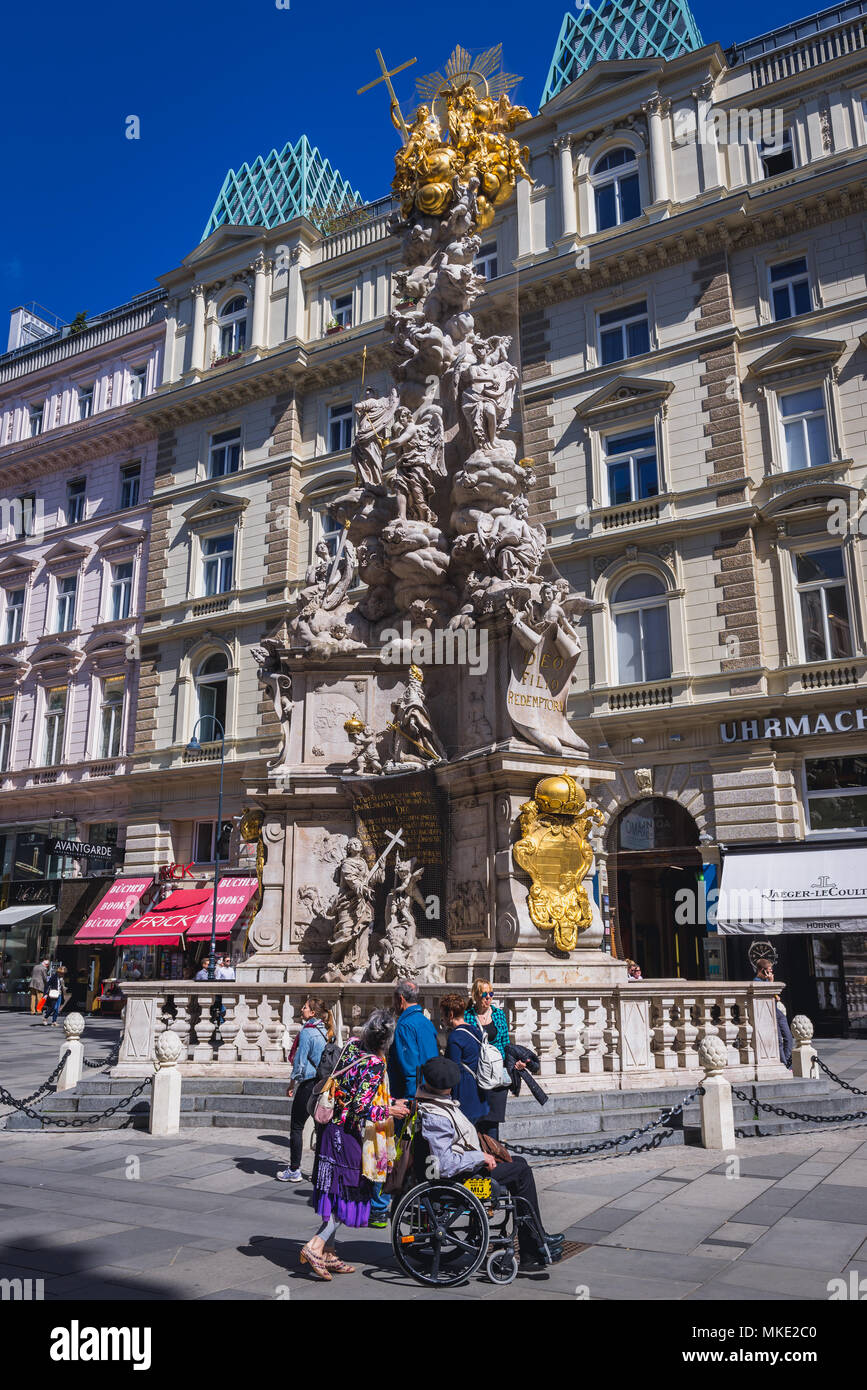 Pestsäule genannt auch Dreifaltigkeitssäule nach der großen Pestepidemie in Wien, Österreich, errichtet. Stockfoto