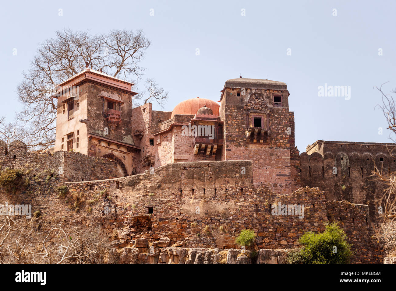 Zerbröckelnden alten Mauern und Wälle der ikonischen Ranthambore Fort in Ranthambore Nationalpark, Rajasthan, Nordindien Stockfoto