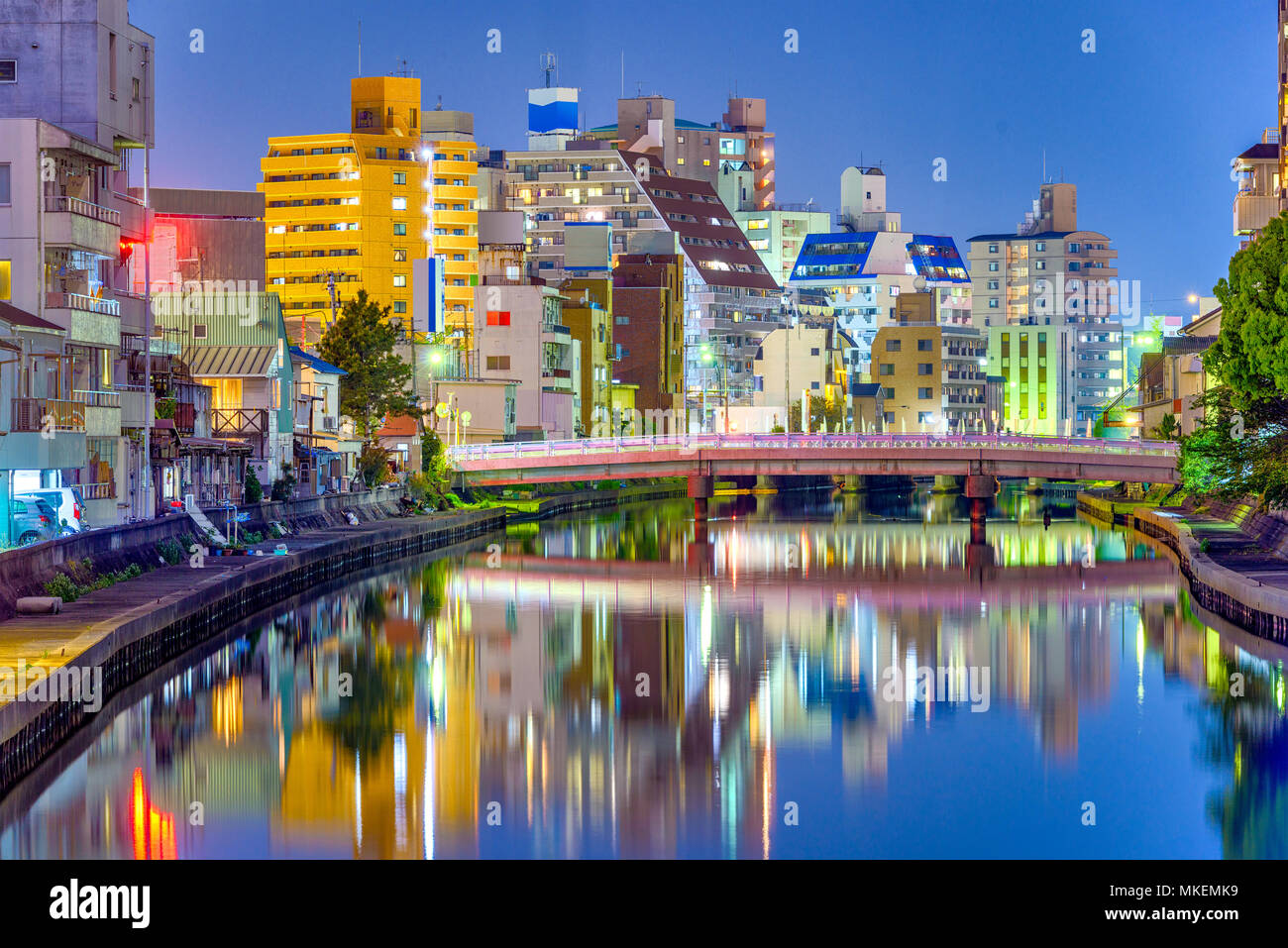 Stadt Wakayama, Japan Stadtbild auf der Waka Fluss in der Nacht. Stockfoto