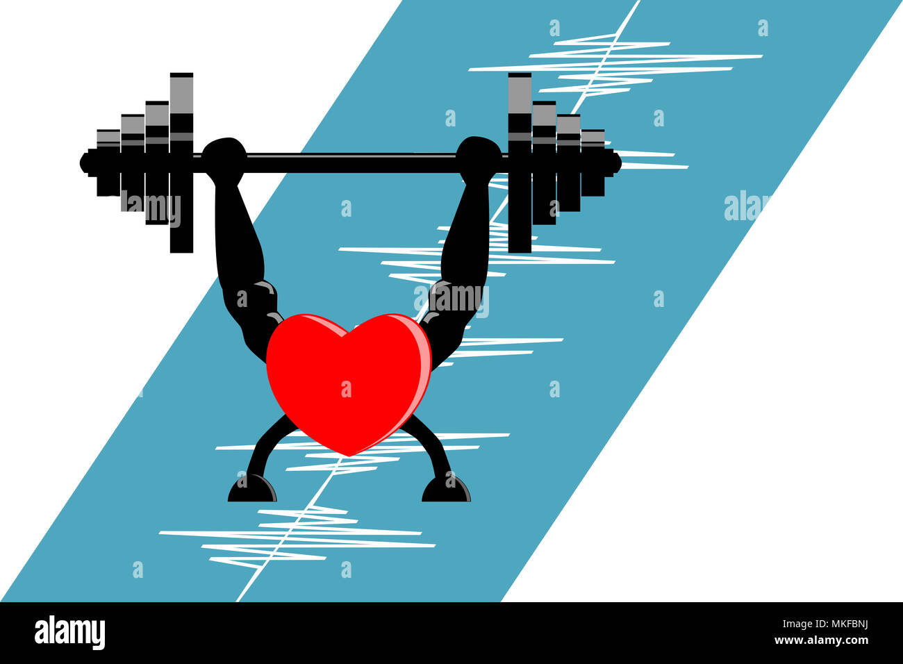 Rotes Herz Muskel- und Kraftaufbau durch Anheben barbell. Das Herz steht auf blauen Boden mit weißem elektrisches Impulssignal der Herzrhythmus. Stockfoto