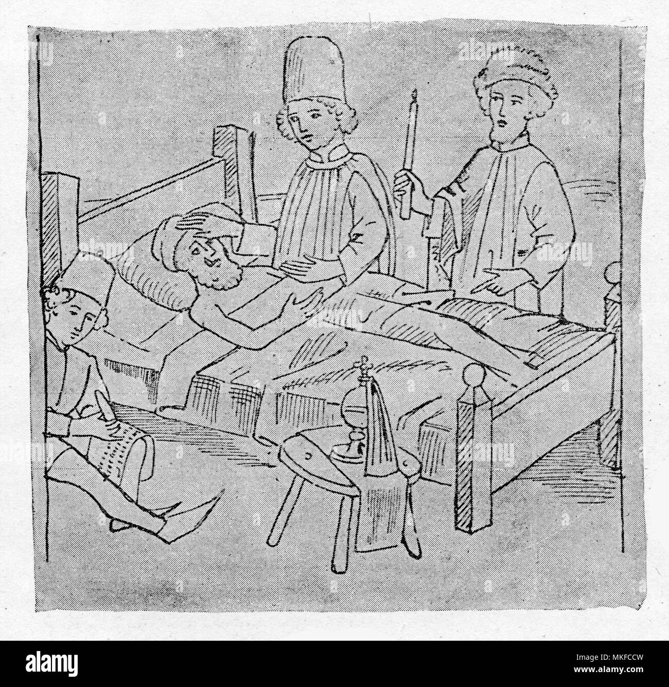 Letzte wird, mittelalterliche Illustration, 15. Jahrhundert Stockfoto