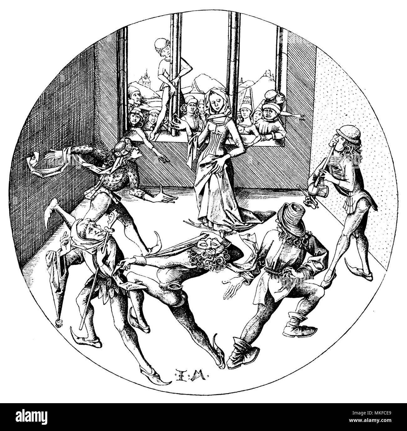 Mittelalterliche Illustration "Der Morris Dance" von Israhel van Meckenem, deutscher Grafiker der XV. Stockfoto