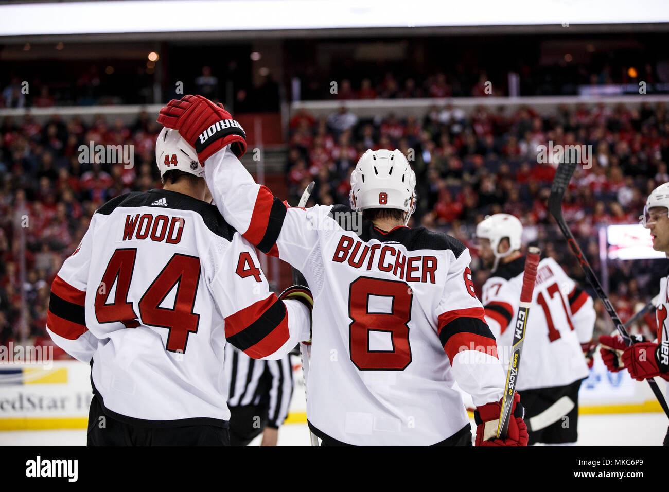 New Jersey Devils left wing Miles Wood (44) celebrates scoring a goal  against the Dallas Stars in the second period of an NHL hockey game  Tuesday, Dec. 13, 2022, in Newark, N.J. (