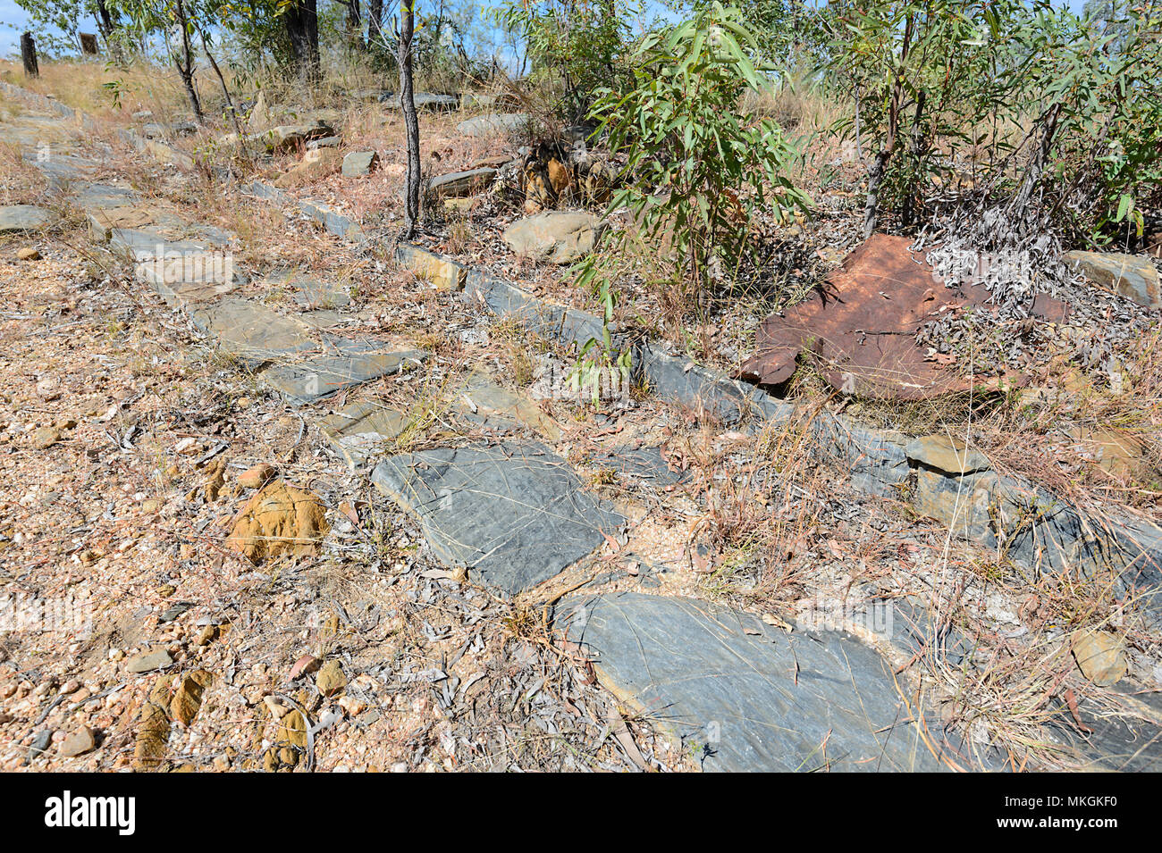 Reste von Stein Eindämmung und Rinnen in der Geisterstadt Maytown, einem Gold Rush County, Far North Queensland, FNQ, QLD, Australien Stockfoto