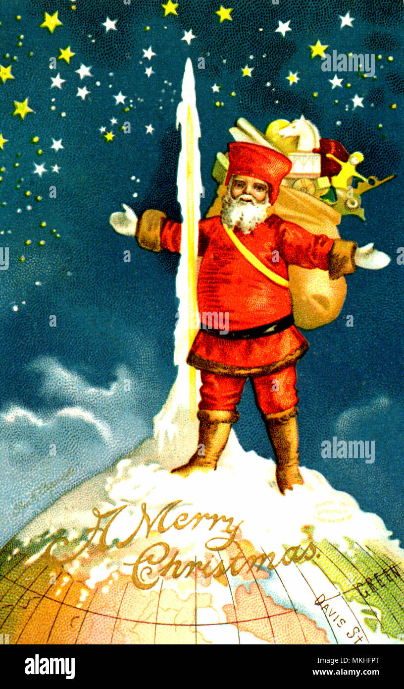 Santa steht am Nordpol der Kugel Stockfoto