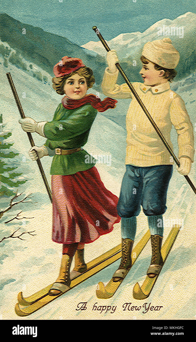 Junge und Mädchen Ski zusammen Stockfoto
