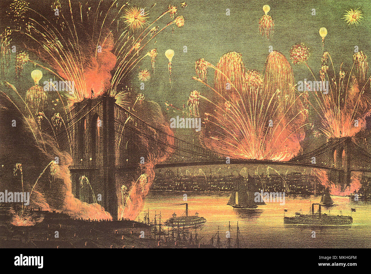 Feuerwerk in der Brooklyn Bridge. New York City. Stockfoto