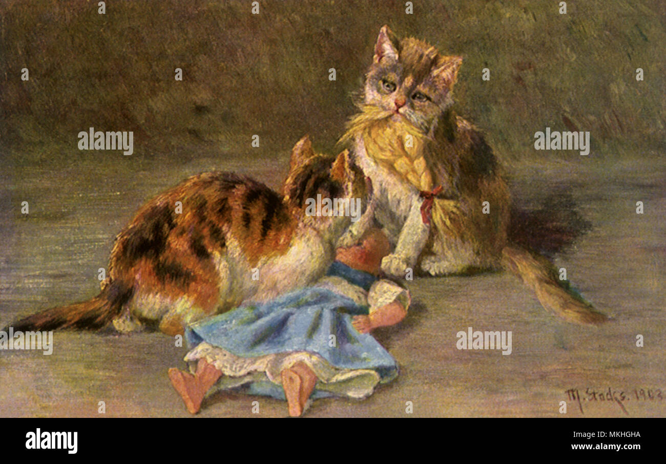 Katzen ziehen Haare aus Puppe Stockfoto