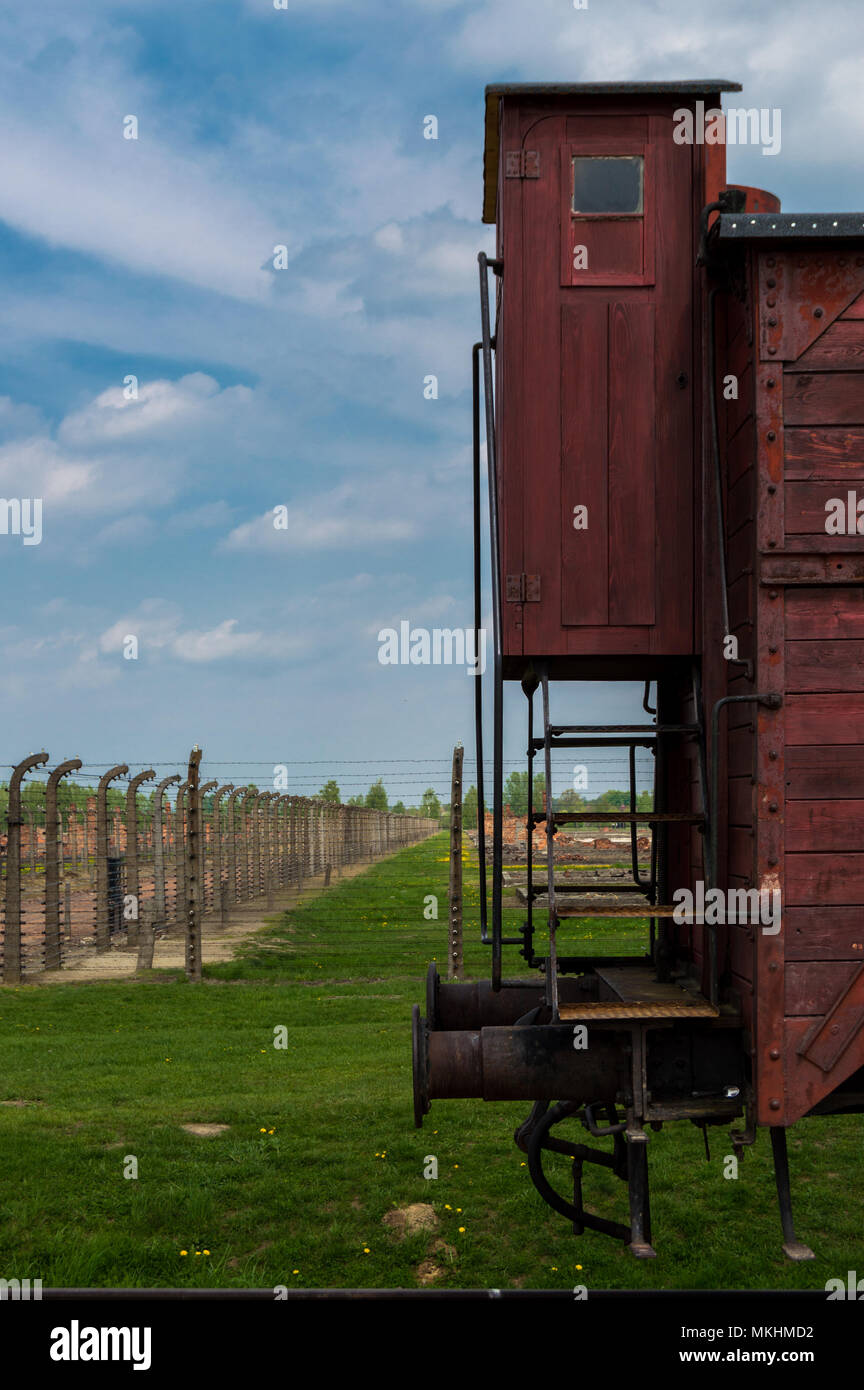 Details von einsamen Modellbahn-waggon in Auschwitz II Birkenau, NS-Konzentrationslager in Polen. Stacheldraht und Gebäude im Hintergrund. Stockfoto