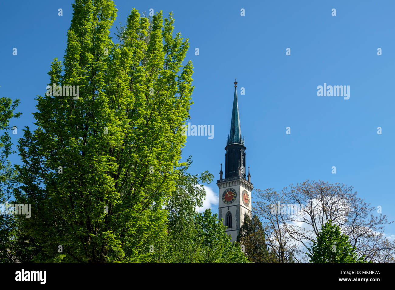 St. Jakob Kirche Turm in Cham, Schweiz, Europa Stockfoto