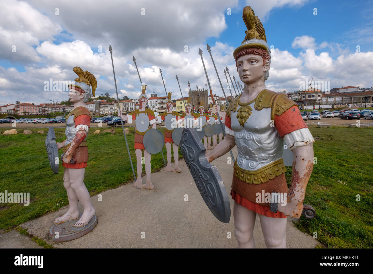 Römische Legionäre Statuen in Ponte de Lima, Minho Region von Portugal, Europa Stockfoto