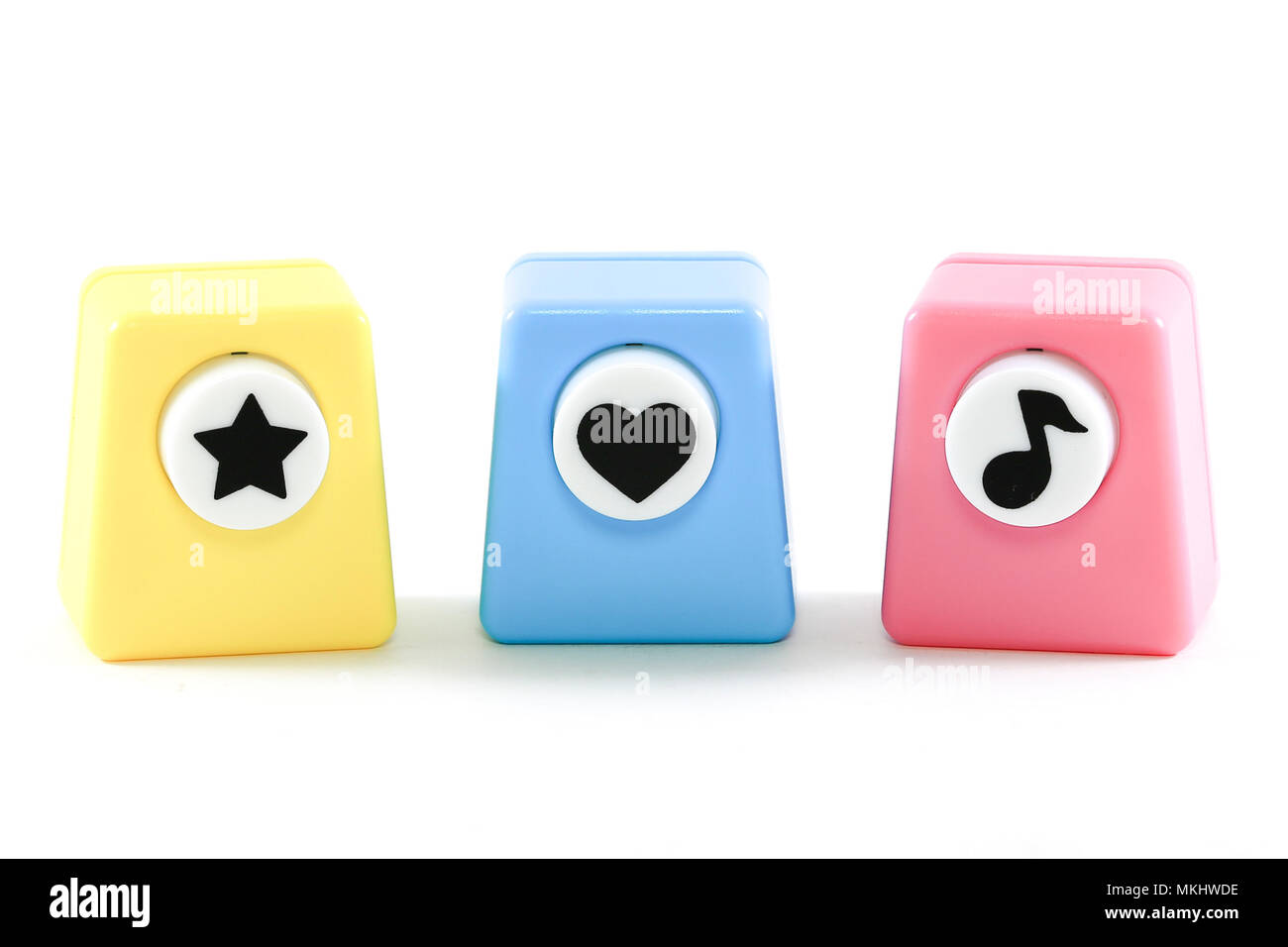 Herzen Musik star Symbol auf Blau, Gelb, Rosa Block mit weißem Hintergrund Stockfoto