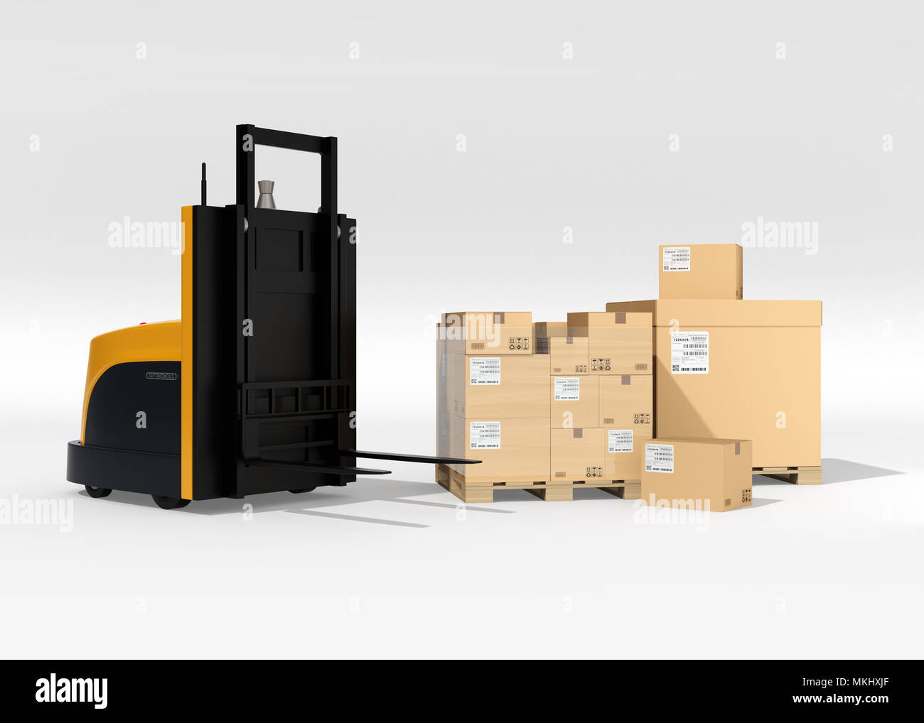 Stapel von braunen Kartons auf Paletten, Selbstfahrer Gabelstapler auf weißem Hintergrund. 3D-Bild. Stockfoto