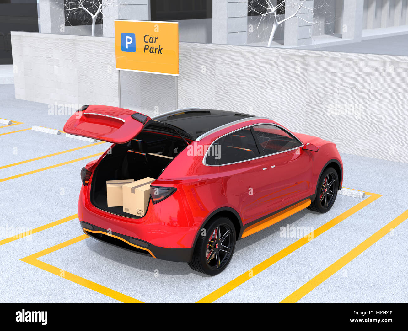 Ansicht der Rückseite des roten Auto Trunk mit Paket Boxen innen geöffnet.  Konzept für den Kofferraum. 3D-Bild Stockfotografie - Alamy