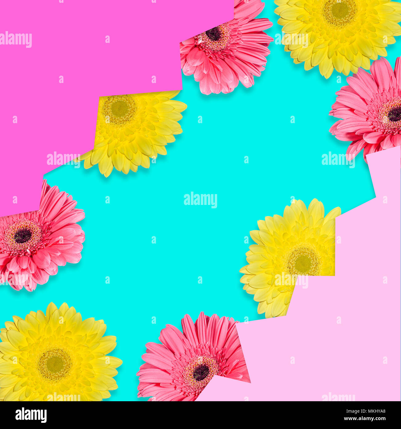 Abstrakte geometrische floral background mit rosa und gelbe Gerbera Blumen-Vorlage, Mock up der Grußkarte im minimalistischen Stil mit Kopie Raum f Stockfoto