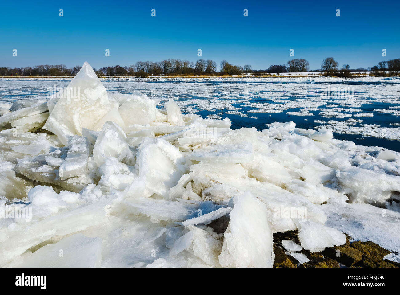 Eisschollen auf der Elbe in Kirch Werder, Hamburg, Deutschland, Europa, Eisschollen am Elbufer in Kirchwerder, Deutschland, Europa Stockfoto