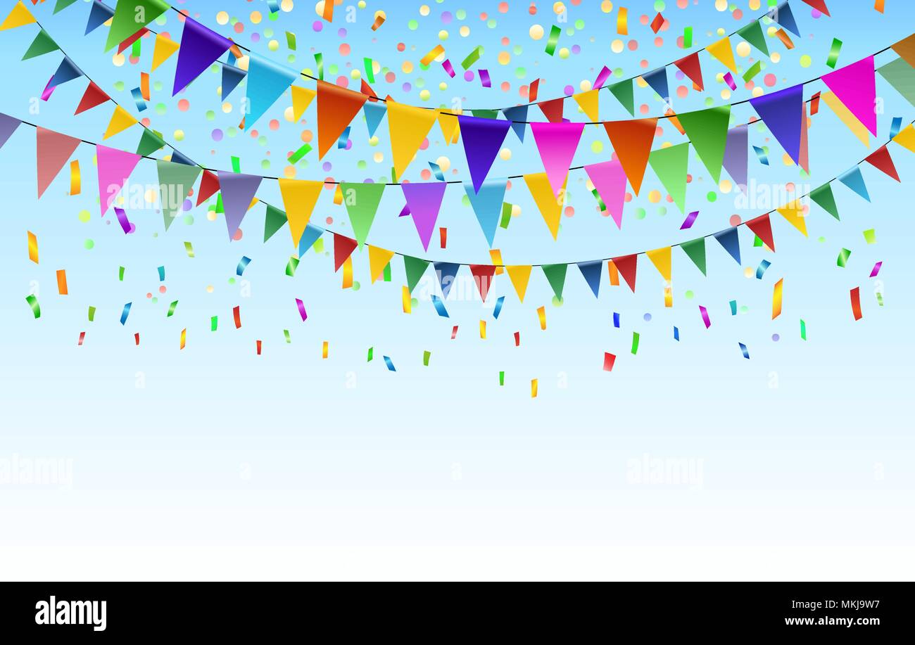 Festival dreieckige flags Hintergrund. Flagge Girlanden mit Bunting und Luftschlangen Explosion dekorativen Hintergrund für die lustigen bunten Vektor Lllustrat Stock Vektor