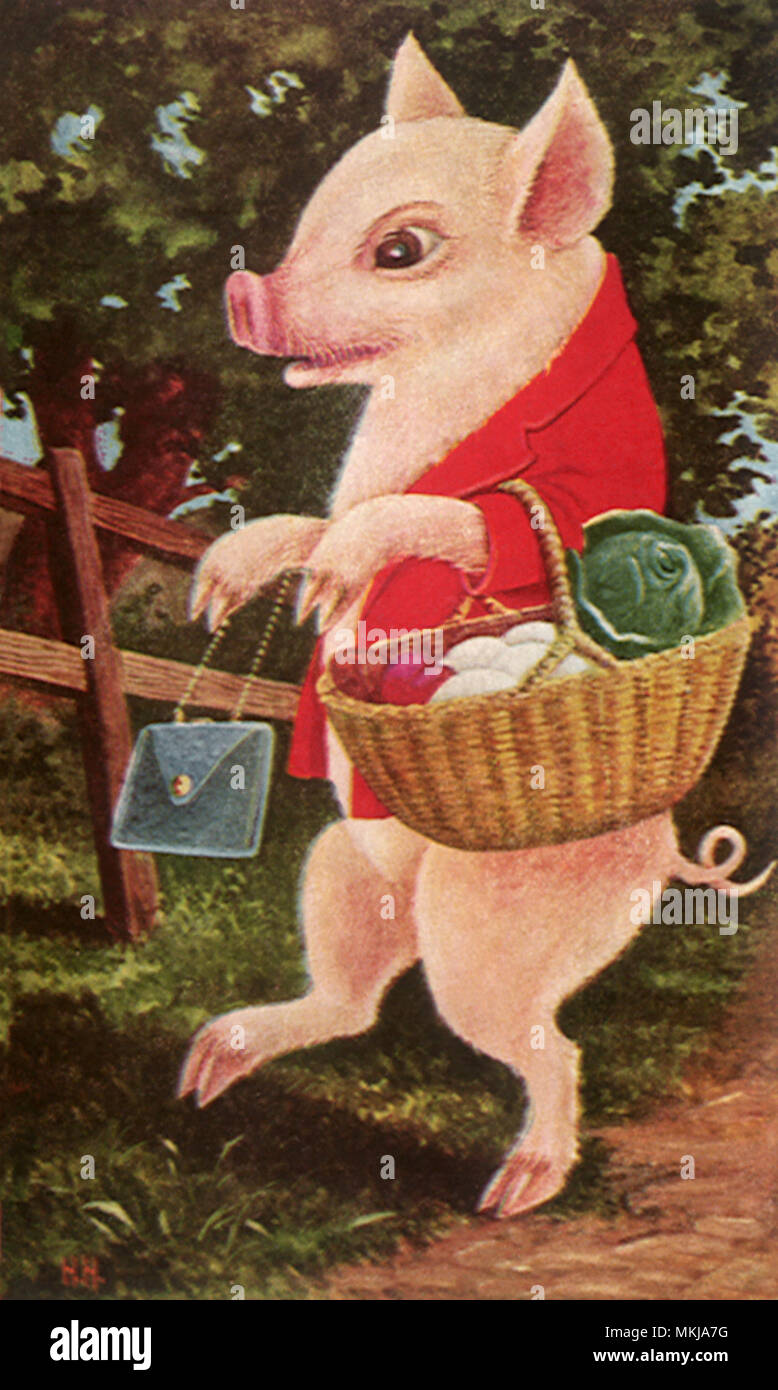 Schwein mit Lebensmittelgeschäft Warenkorb Stockfoto