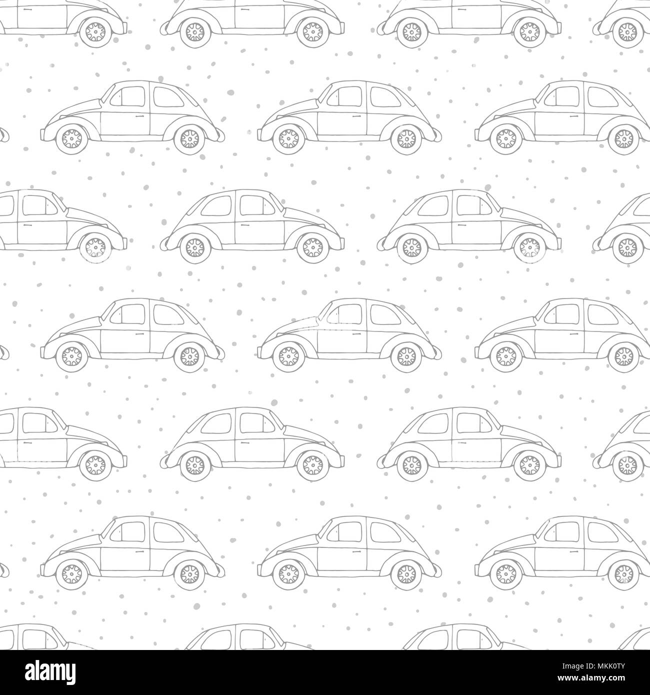Hand gezeichnet Vektor nahtlose Muster mit retro Autos auf der Polka Dot Hintergrund. Vintage Design. Stock Vektor