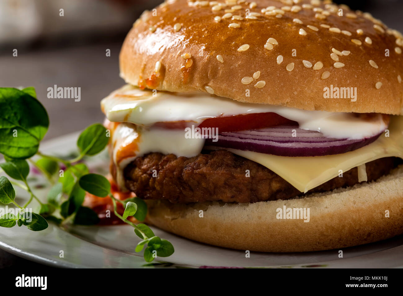 Nahaufnahme von einem Cheeseburger mit Tomaten und Mayonnaise Sauce auf dem Teller mit grünen Oregano Blätter Stockfoto