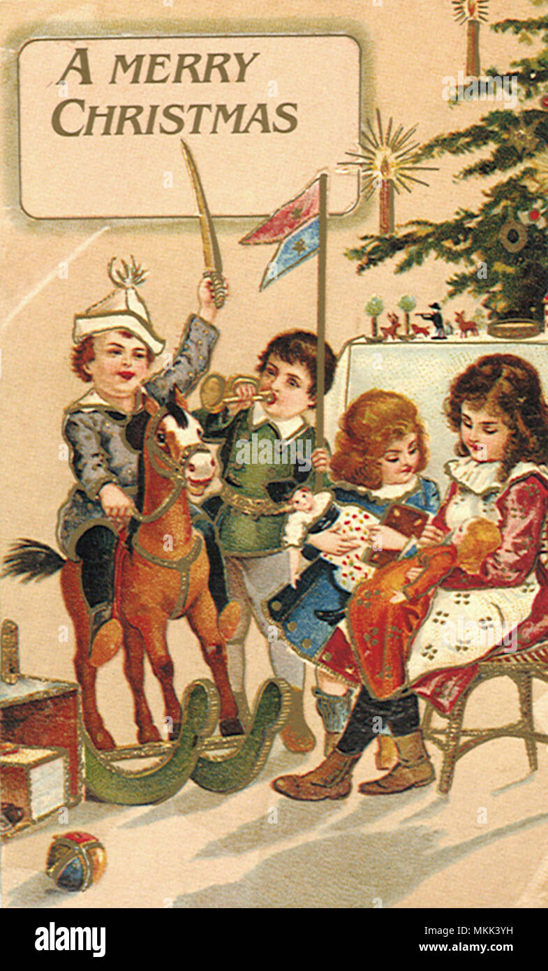 Vier Kinder und Spielzeug Stockfoto