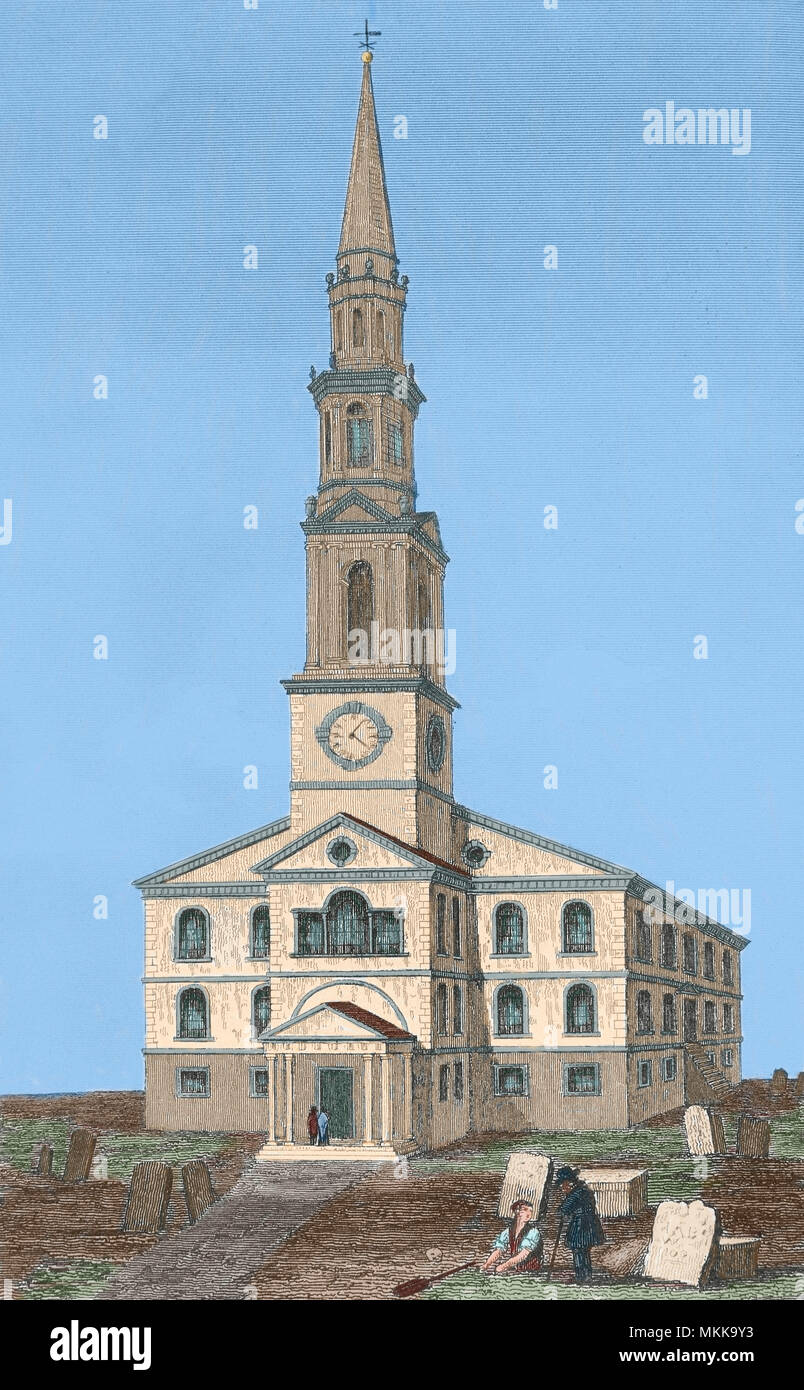 Providence, Rhode Island, United States. Darstellung der Baptistischen Kirche im 18. Jahrhundert. Es war die erste Baptistengemeinde in Nordamerika, von Roger Williams im Jahre 1639 gegründet. Gravur, 1837. Später Färbung. Stockfoto