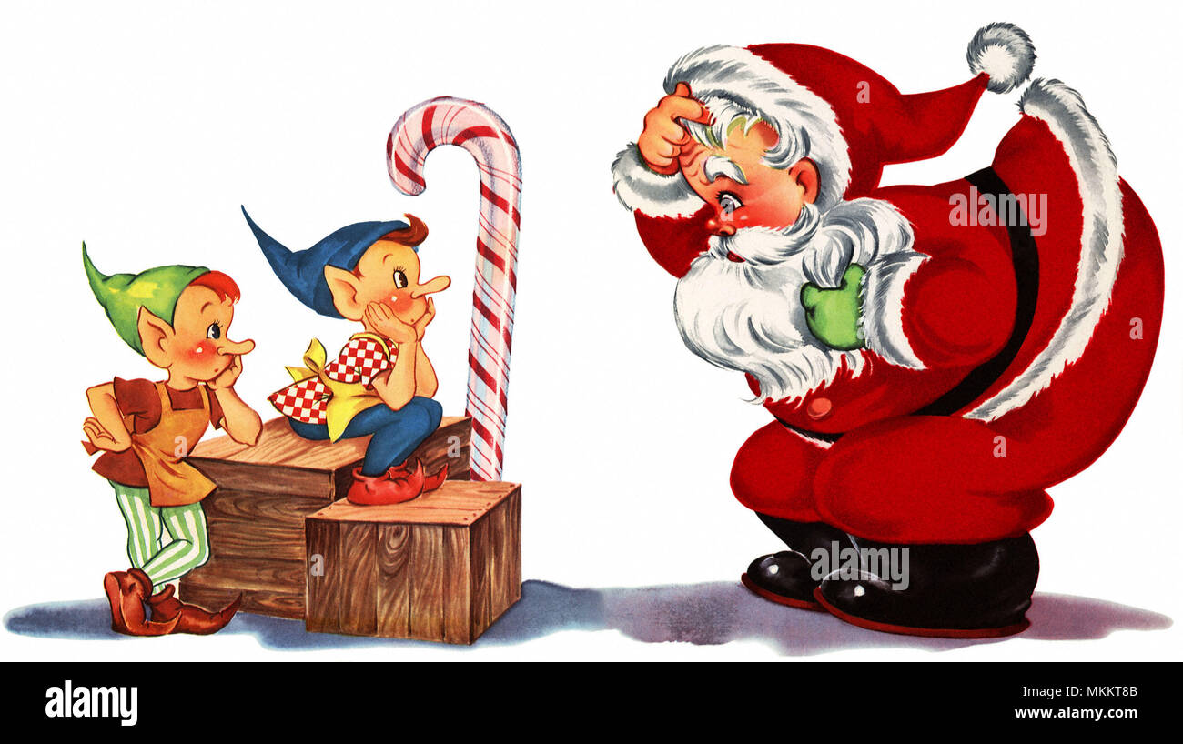 Gedankenverloren Santa und Elfen Stockfoto
