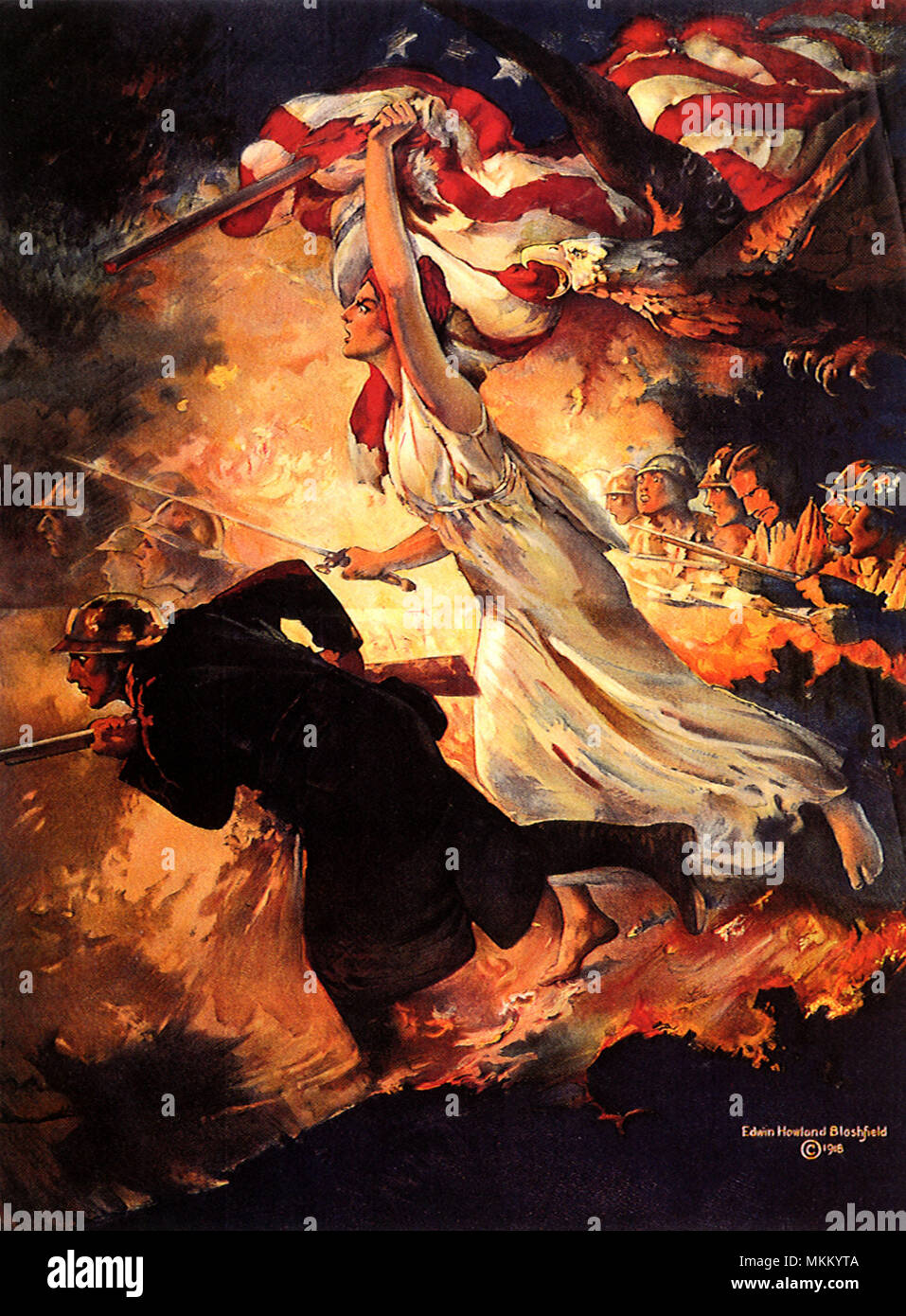 Frau mit US-Flagge und Truppen Stockfoto