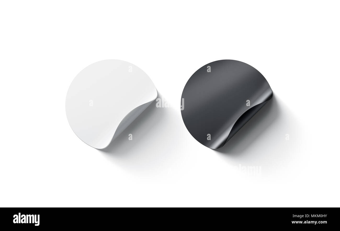 Leere Schwarze und Weiße, runde Aufkleber mockup mit abgerundeten Ecke. Leerer Kreis klebrige label Mock up mit Curl. Adhärente klaren Tag Vorlage für Stockfoto