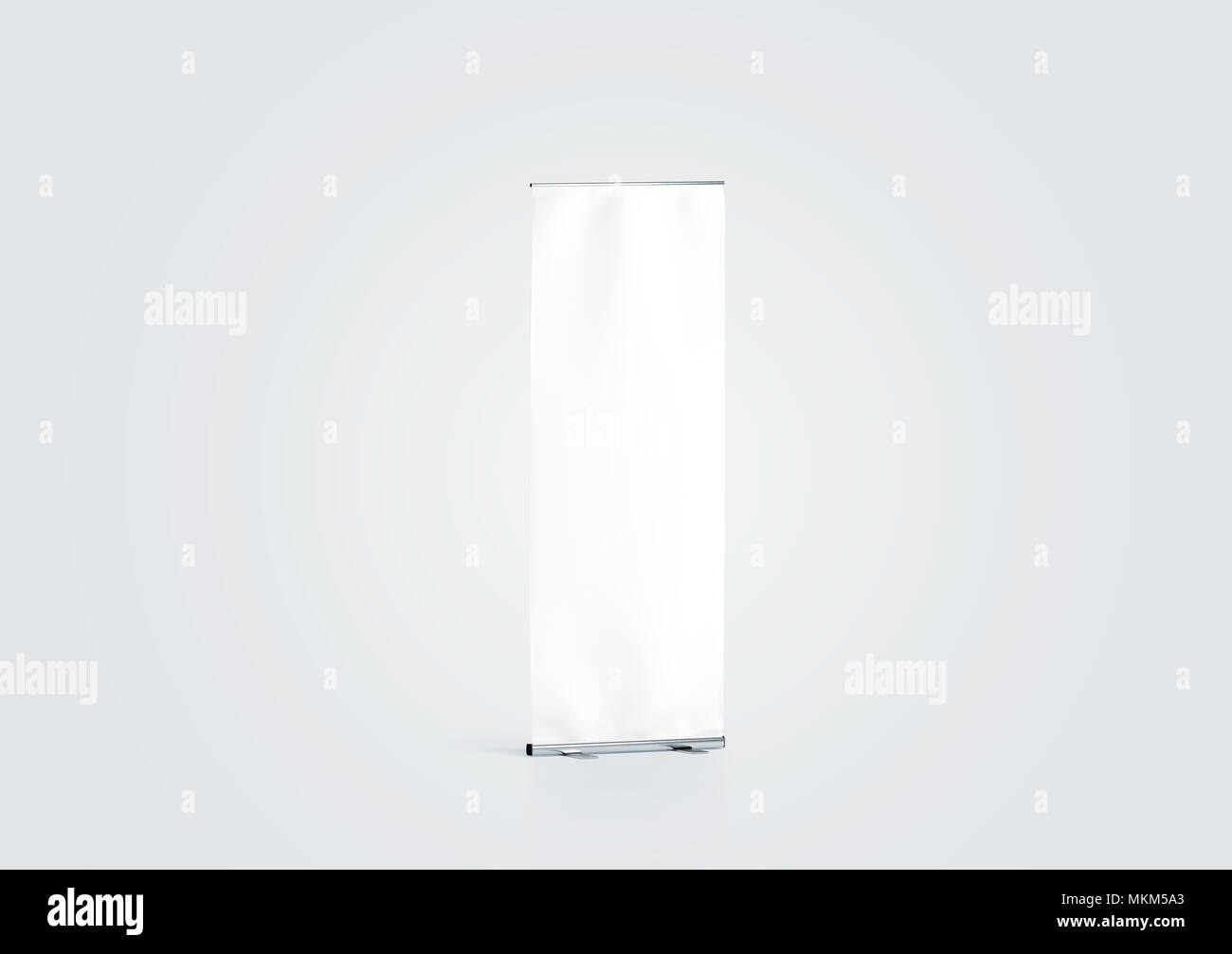 Leere weiße Roll-up banner display Mockup, Seitenansicht, 3D-Rendering. Leere rollup Baner design Mock up auf grauem Hintergrund. Clear Roller Schild temp Stockfoto