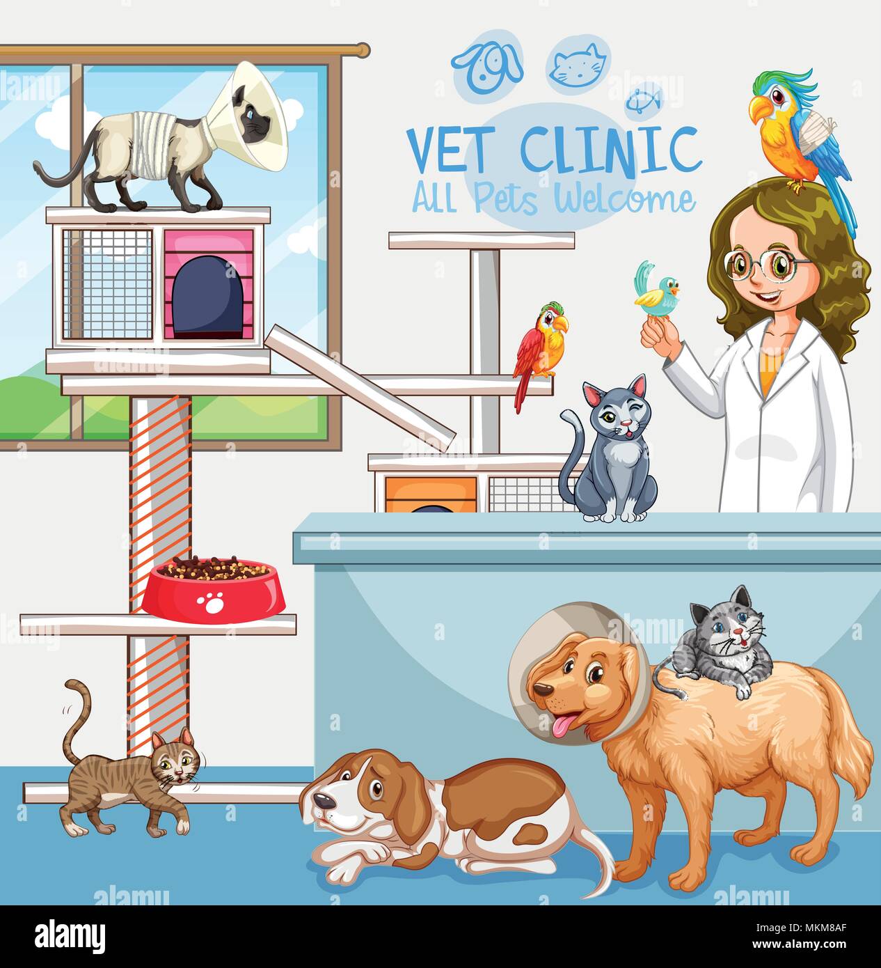 Cute Pets Klinik Zeichen Abbildung: Willkommen Stock Vektor