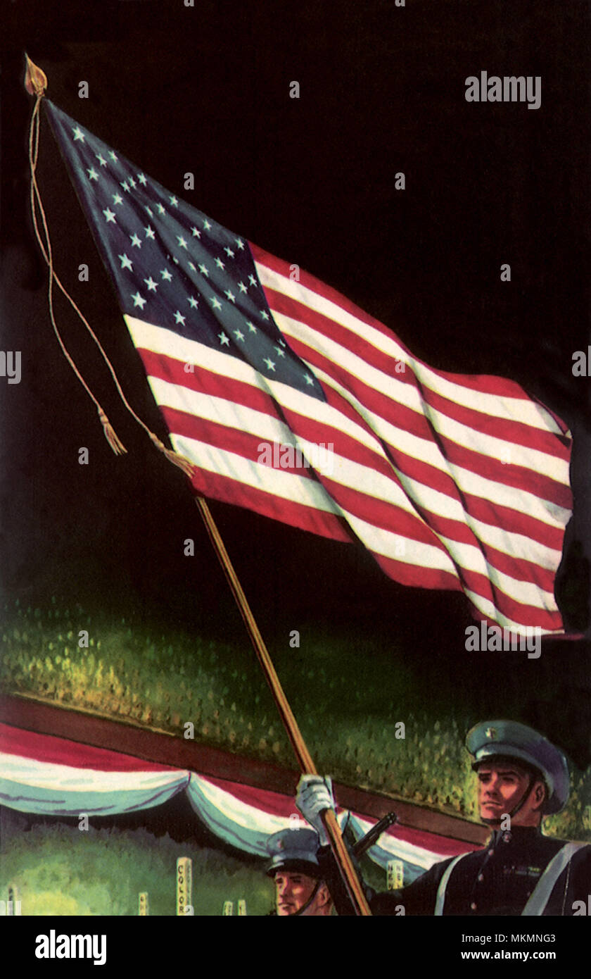 März mit amerikanischer Flagge Stockfoto