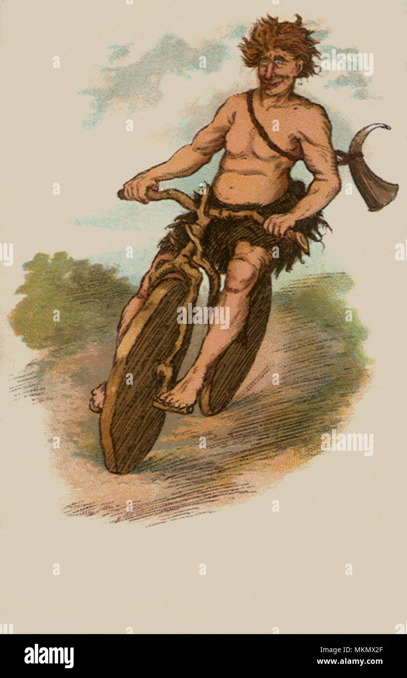 Caveman auf dem Fahrrad Stockfoto