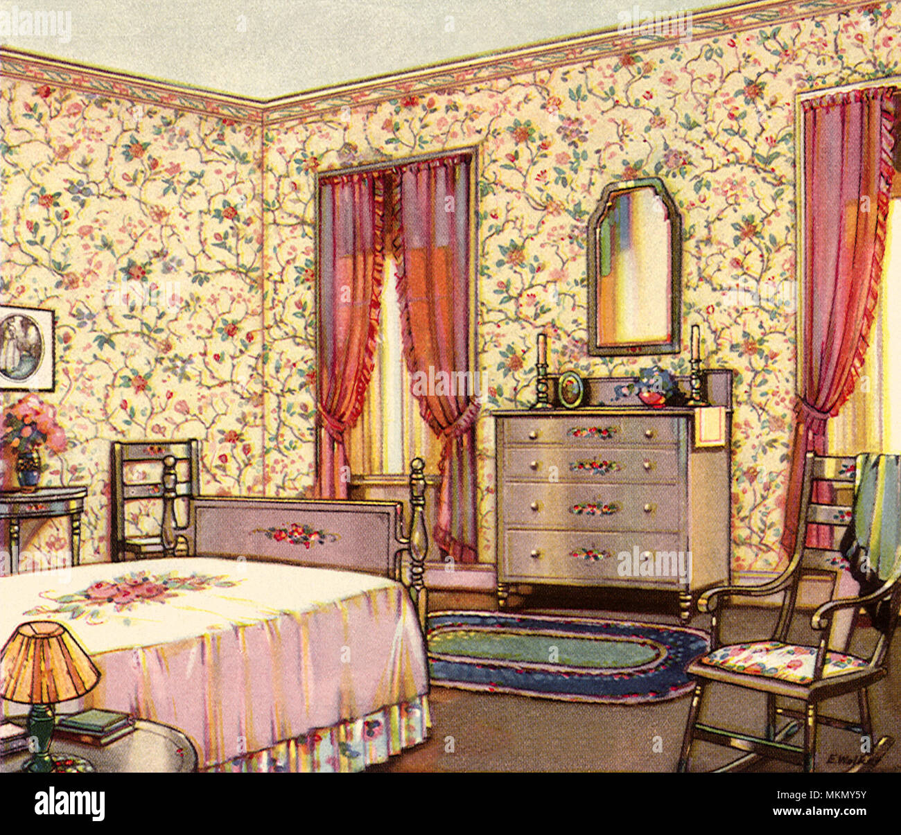 Zimmer mit geblümten Tapeten Stockfoto