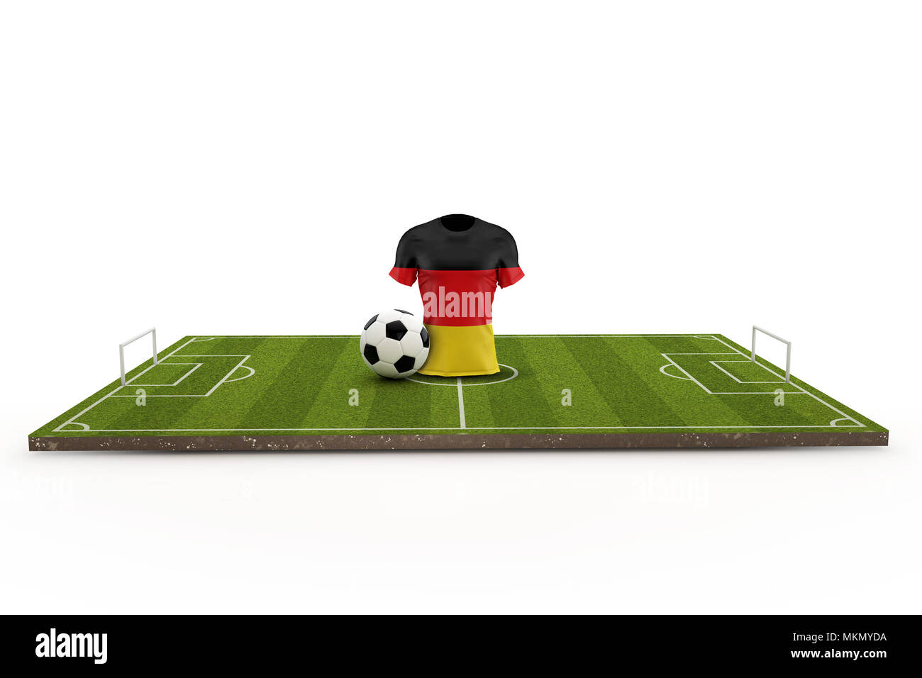 Deutschland Fussball shirt Flagge auf einem Fußballplatz. 3D-Rendering Stockfoto