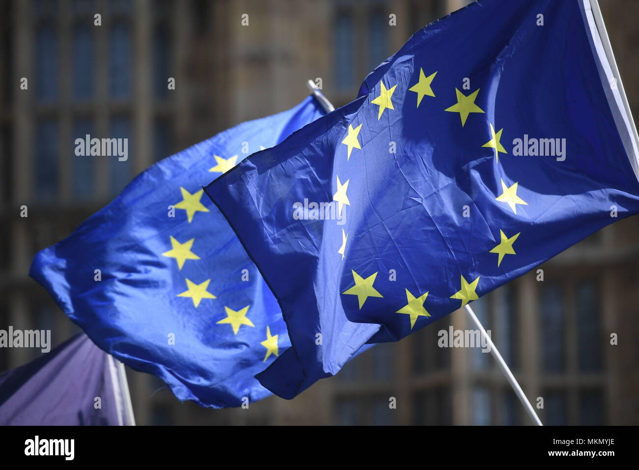 Aktivisten wave Europäische Union Flaggen außerhalb des Houses of Parliament in Westminster, London. Stockfoto